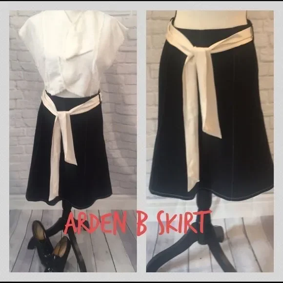 Arden B, Black Knee-Length Skirt w/White Stitching and Silk Ribbon Belt - Size 0 - Picture 1 of 11